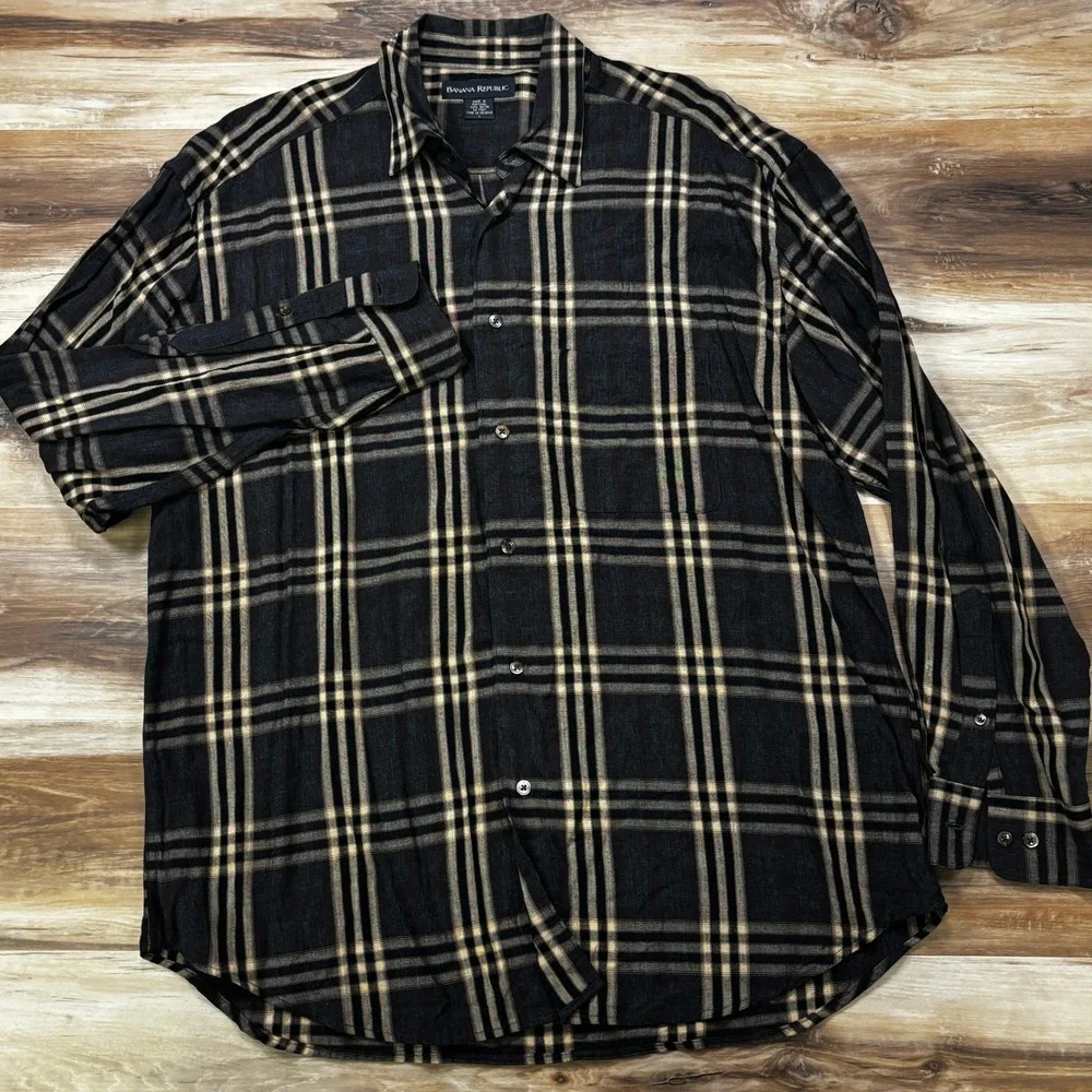 Vintage 90s Banana Republic Rayon Shirt Large Plaid Portugal Grunge Drapey